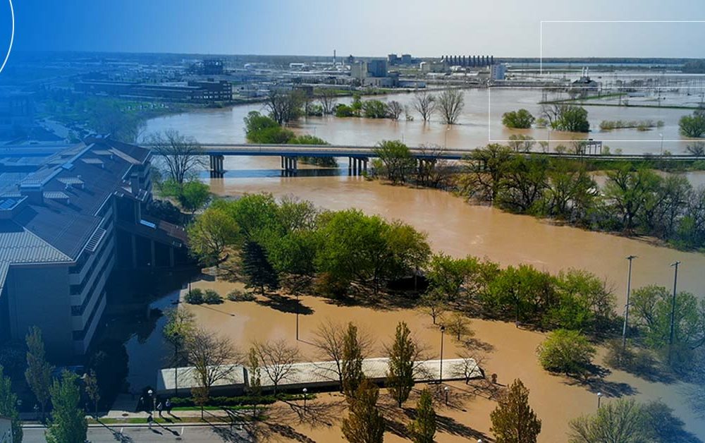 Muddy River Floods Buildings & Trees