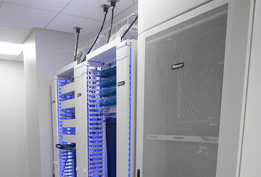White Data Centre Racks with Blue Lighting