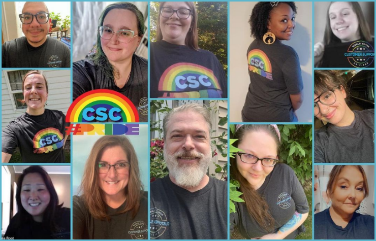 A collage of images of smiling team members wearing CSC #Pride t-shirts
