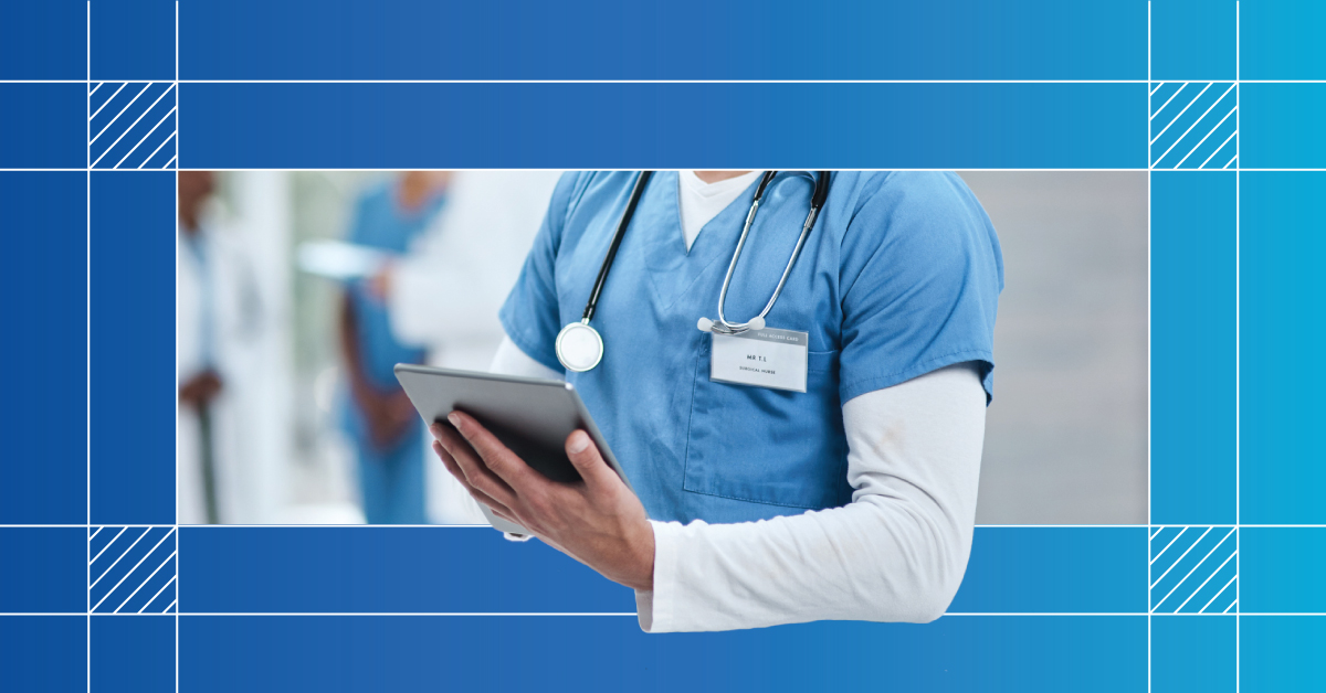 An image of the side of a medical professional in scrubs holding a tablet