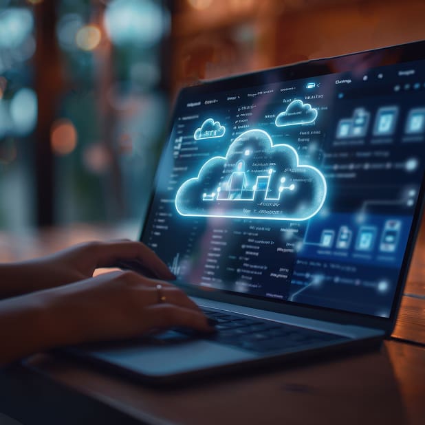 A close up of hands at a laptop where a cloud graphic is on screen