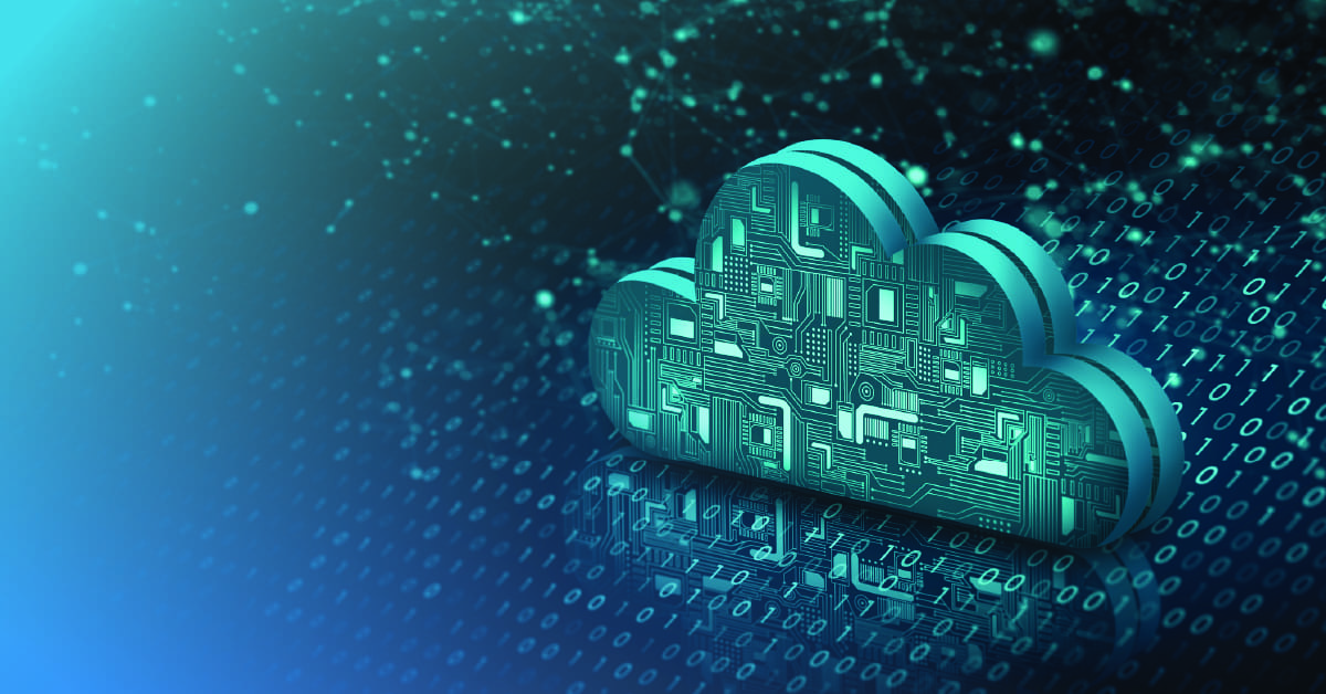 A graphic of a cloud with circuits on it, sitting on top of ones and zeros
