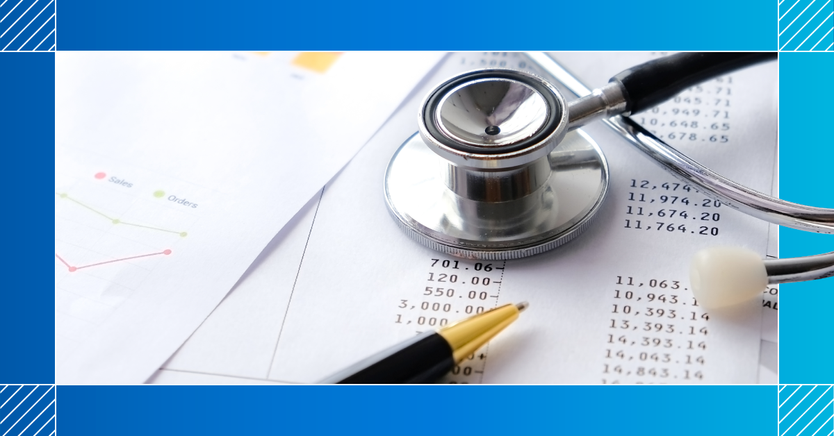 financial healthcare provider image of stethoscope on paper with blue border
