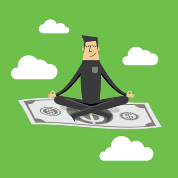Cartoon male in lotus pose sitting on a dollar bill w/ cartoon clouds surrounding him on a green background