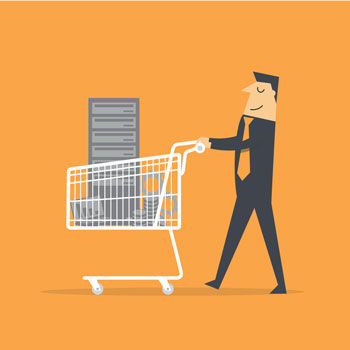 Cartoon male pushing with a server in a shopping cart on an orange background