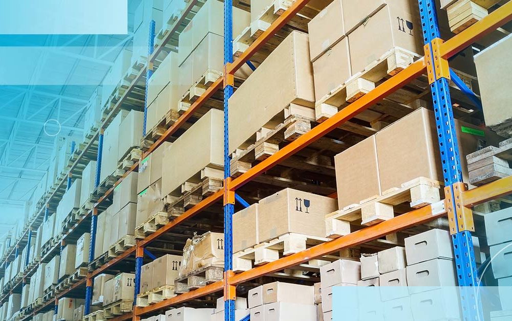 Boxes on Pallets and Shelves in Warehouse