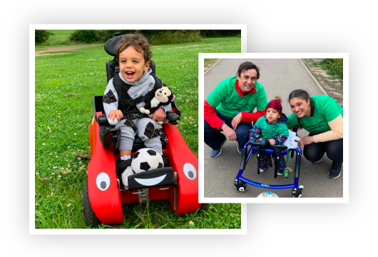 A collage of two images one of a smiling child in a racecar shaped wheel chair and the other of the child surrounded by his parents