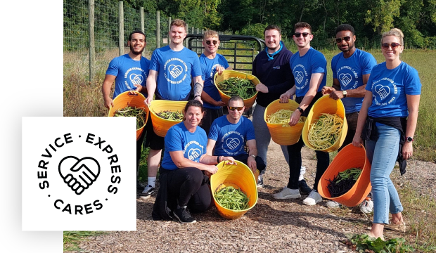 An image of a group of Service Express volunteers with baskets full of vegetables overlayed with the Service Express Cares logo
