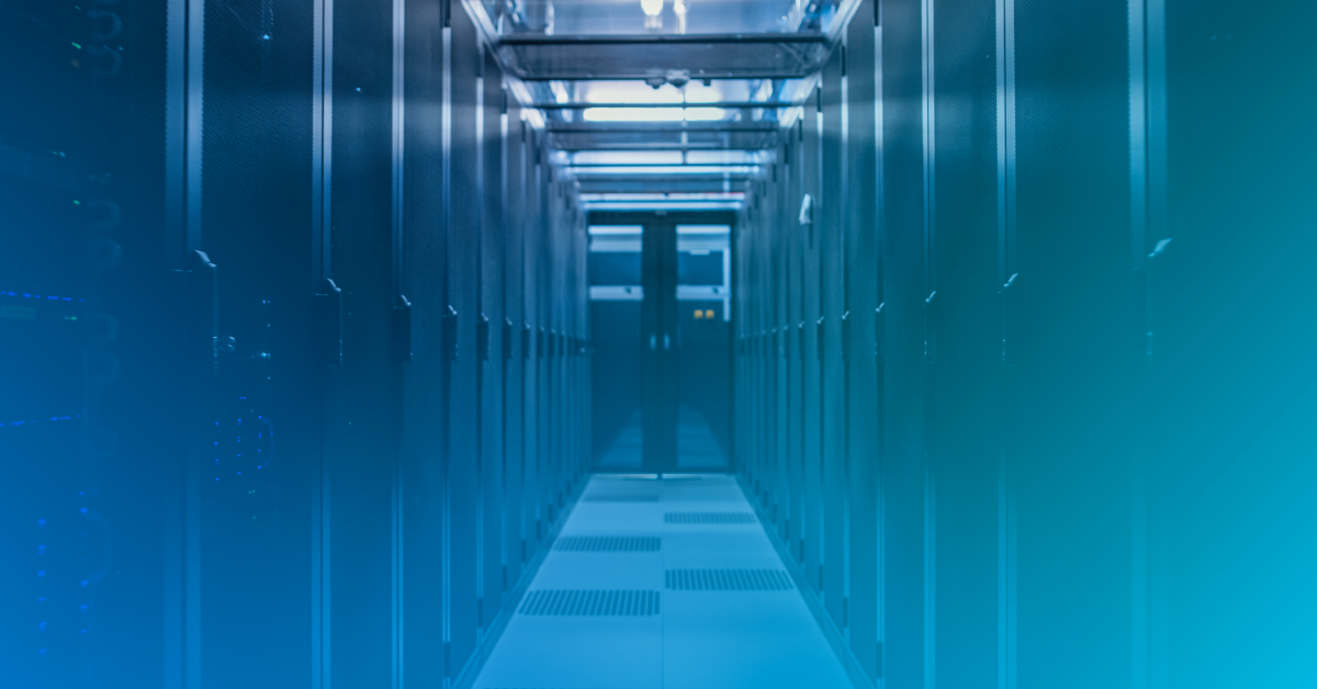 hyper-coverged infrastructure image. Data center hallway with blue gradient
